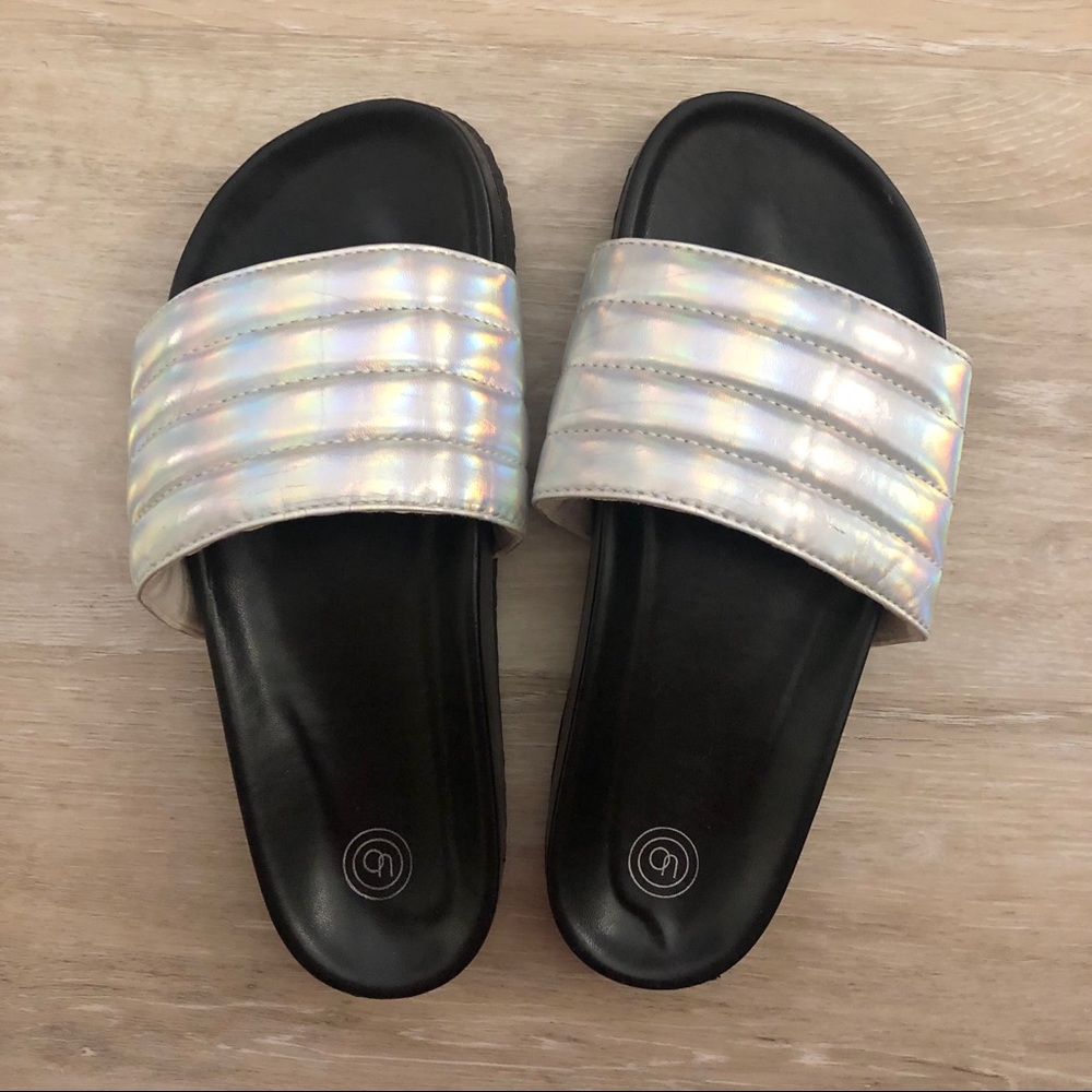 Silver Iridescent Slides in size 7